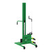 A green and black Valley Craft manual steel straddle drum lift with wheels.