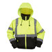 A Cordova Hi-Vis lime yellow and black Class 3 bomber jacket with reflective stripes and a hood.