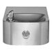 A close-up of a Haws stainless steel wall-mount drinking fountain.