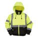 A Cordova lime yellow and black hi-vis safety jacket with reflective stripes and detachable hood.