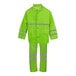 A Cordova lime green rainsuit with reflective stripes on the jacket and pants.