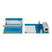 A blue and white rectangular Sealer Sales L-Bar sealer with work table.