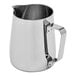 A Rhino Coffee Gear stainless steel milk pitcher with a handle.