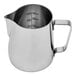 A Rhino Coffee Gear stainless steel milk pitcher with a handle.