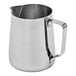 A Rhino Coffee Gear stainless steel milk pitcher with a handle.