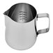 A Rhino Coffee Gear stainless steel milk pitcher with a handle.