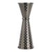 A silver and black metal Barfly Japanese style jigger with diamond lattice designs.