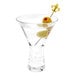 A martini with olives and a Barfly gold-plated cocktail pick topped with a gold fleur de lis.