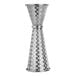 A silver stainless steel Barfly Japanese style jigger with diamond lattice pattern.