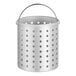 A silver metal container with holes for steaming.