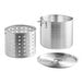 A silver aluminum stock pot with a lid and strainer basket.