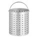 A silver metal container with holes for steaming.