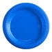 A blue plastic plate with a braided edge.