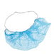 A blue nylon beard net in a blue mesh bag with a white string.