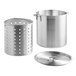 A large silver aluminum stock pot with a lid and a strainer.