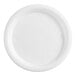 A close up of a white Choice plastic plate with a braided edge.