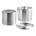 A silver aluminum stock pot with a lid and strainer.