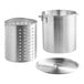 A large silver aluminum stock pot with a lid and steamer basket.