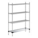 A Regency chrome wire shelving unit with four shelves including a solid metal bottom shelf.