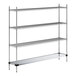 A Regency chrome wire shelving unit with a solid metal bottom shelf and three metal shelves.