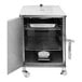 A stainless steel SmokinTex electric smoker with a tray inside.