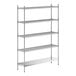 A stainless steel wire shelving unit with five shelves.
