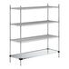 A Regency chrome wire shelving unit with two shelves and a solid metal bottom shelf.