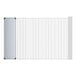 A white rectangular wire shelf with metal rods and a solid white bottom shelf.