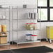 A stainless steel wire shelf kit with solid stainless steel bottom shelves holding containers.