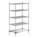 A Regency chrome wire shelving unit with four shelves and a solid metal bottom shelf.
