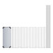 A row of white metal shelves with metal bars and wire mesh on the bottom shelf.