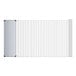 A white rectangular wire shelf with metal rods and a solid galvanized steel bottom.