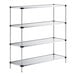 A four-shelf galvanized steel shelving unit with solid shelves and metal posts.
