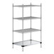 A Regency chrome wire shelving unit with three shelves and a solid metal bottom shelf.