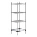 A Regency chrome wire shelving unit with four shelves including a solid metal bottom shelf.