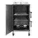 A black metal cabinet with shelves and a door open.