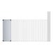 A white rectangular wire shelf with metal rods and a solid galvanized steel panel.