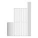 A white grid of stainless steel wire shelves and solid stainless steel rods.