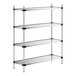 A Regency galvanized metal wire shelving unit with four shelves and black posts.