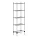 A chrome metal wire shelving unit with four shelves.