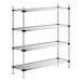 A Regency galvanized metal wire shelving unit with four shelves and black posts.