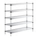 A five-shelf galvanized steel shelving unit with solid shelves and four vertical posts.