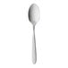 A Libbey stainless steel demitasse spoon with a white handle.