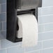 A black toilet paper dispenser with a mega roll of Charmin Ultra Soft toilet paper on it.