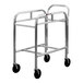 A silver metal New Age lug rack with black wheels.