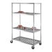 A New Age aluminum mobile pot and pan drying rack with three shelves holding pots.