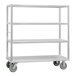 A white metal Queen Mary service cart with 4 shelves on wheels.