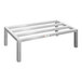 A New Age aluminum dunnage rack with metal legs and slats.