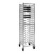 A silver New Age aluminum mobile pizza pan rack on wheels.