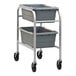 A New Age aluminum lug rack with two gray plastic bins on a metal cart.